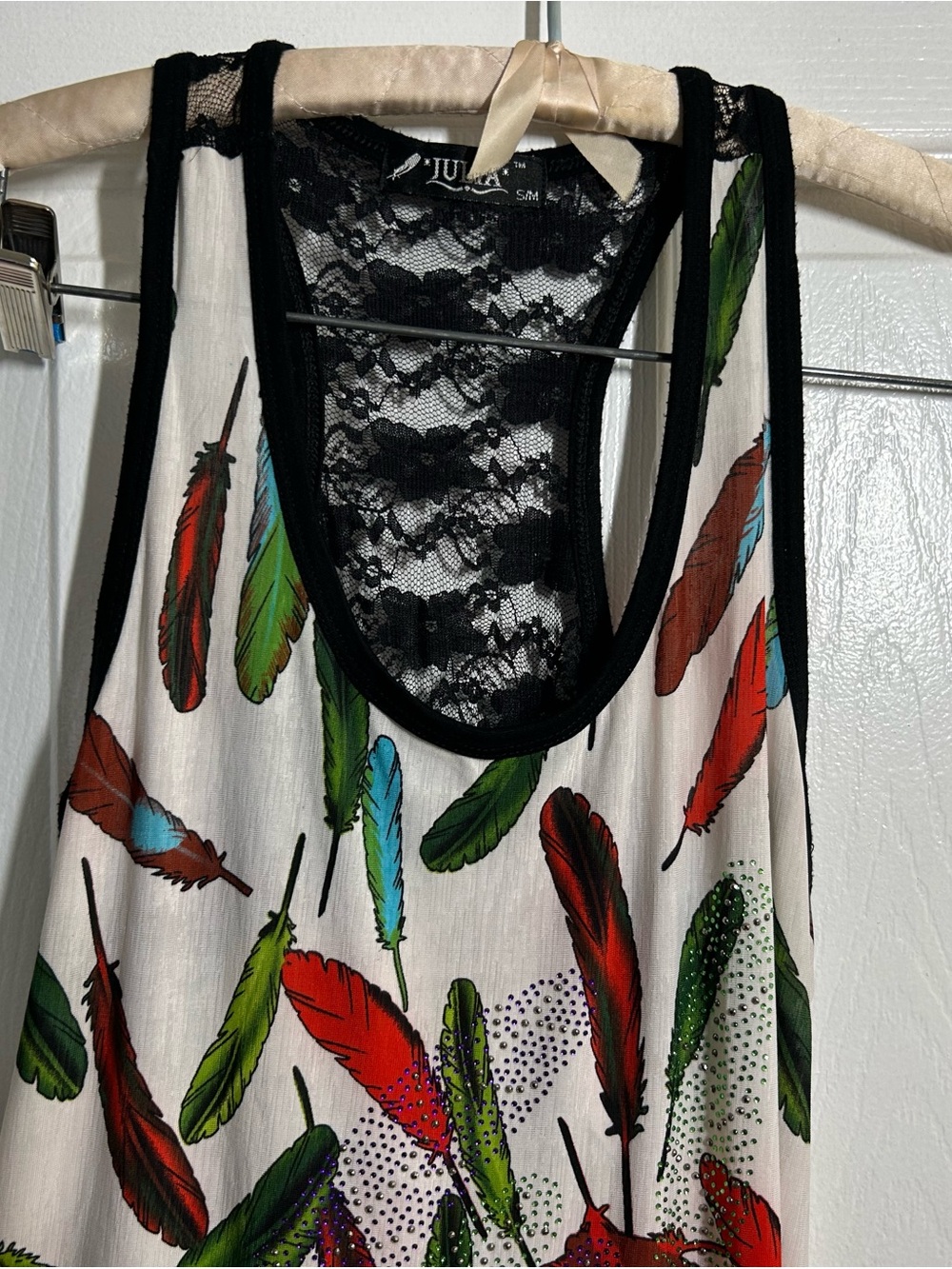 Julia Feather Print Lace Back Handkerchief Hem Tunic Dress Silk Blend 
Size S/M - Picture 9 of 13